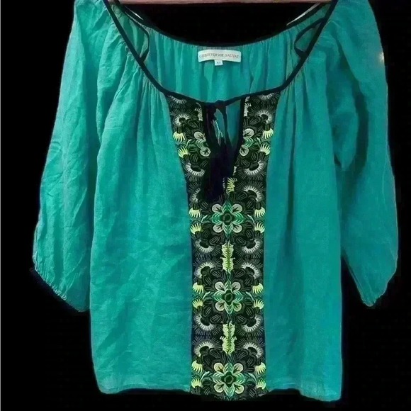 Christophe Sauvat Teal Embroidered Off the Shoulder Embroidered Blouse size XS - Picture 7 of 7